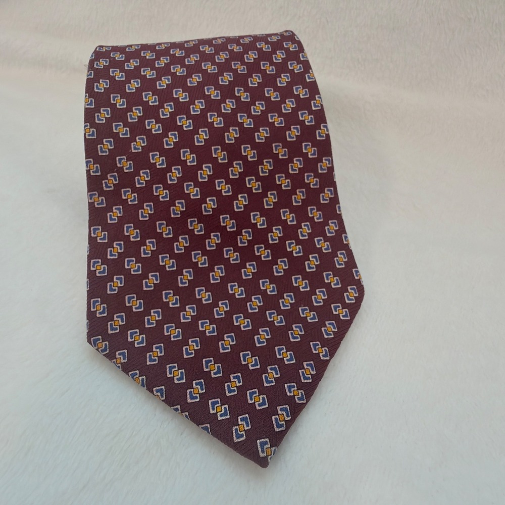 Lauren Ralph Lauren Tie Mens OS Maroon Excellent Geometric Silk Hand Finished